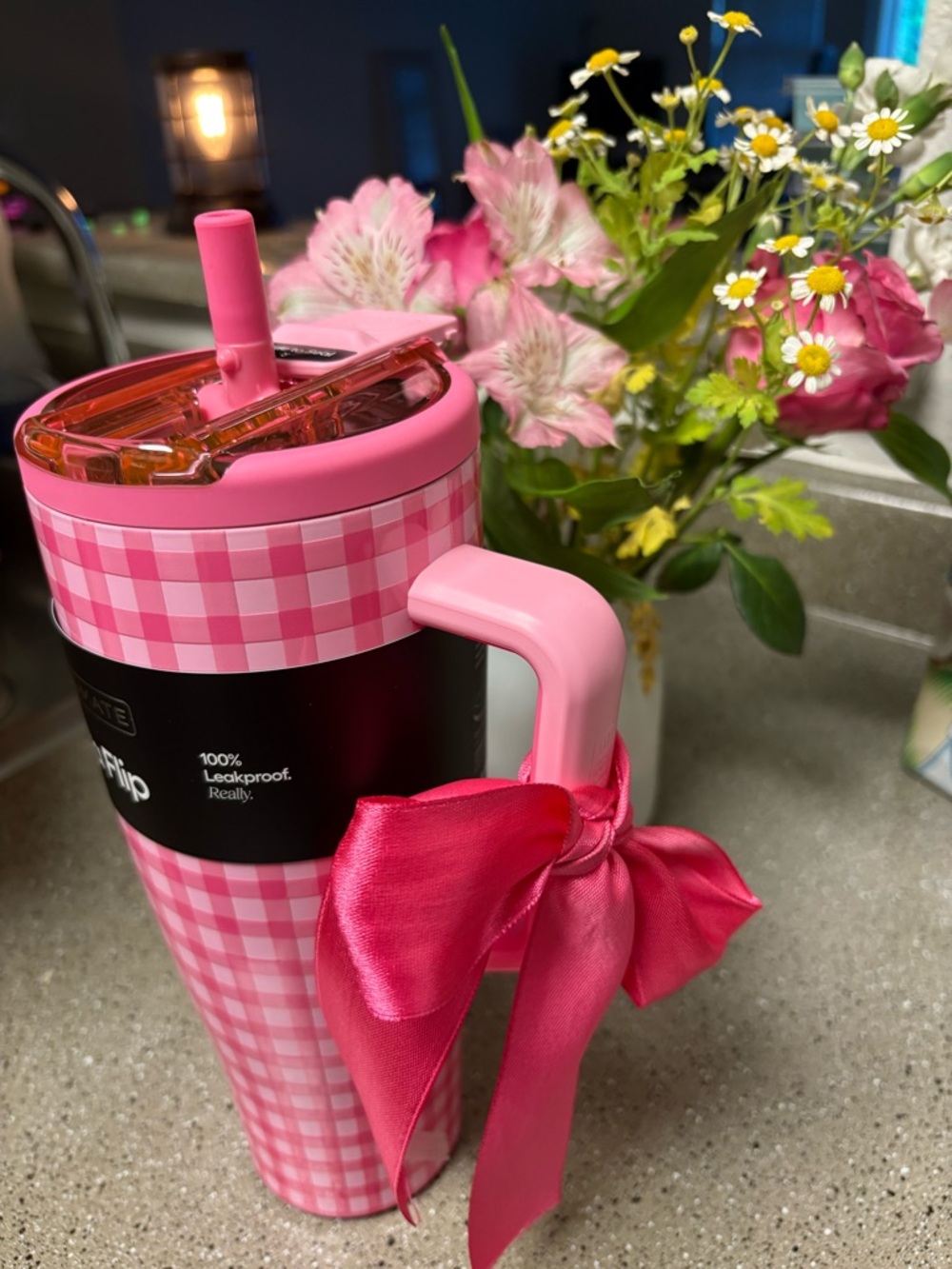 Pink Gingham Insulated Travel Mug with Handle and Straw - Brand: